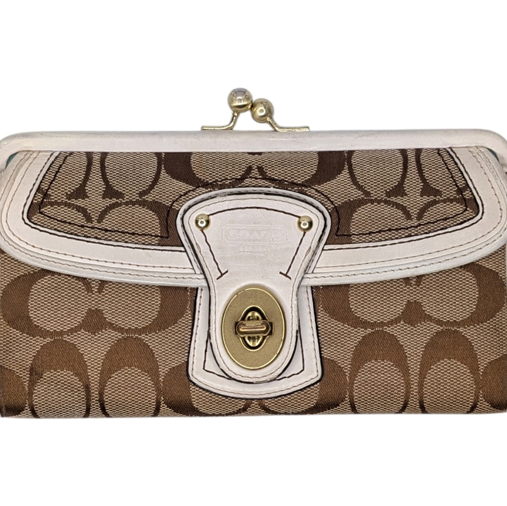 Coach Legacy Kisslock Wallet Khaki Signature Canvas Leather Turnlock Vintage Y2K - Picture 4 of 12